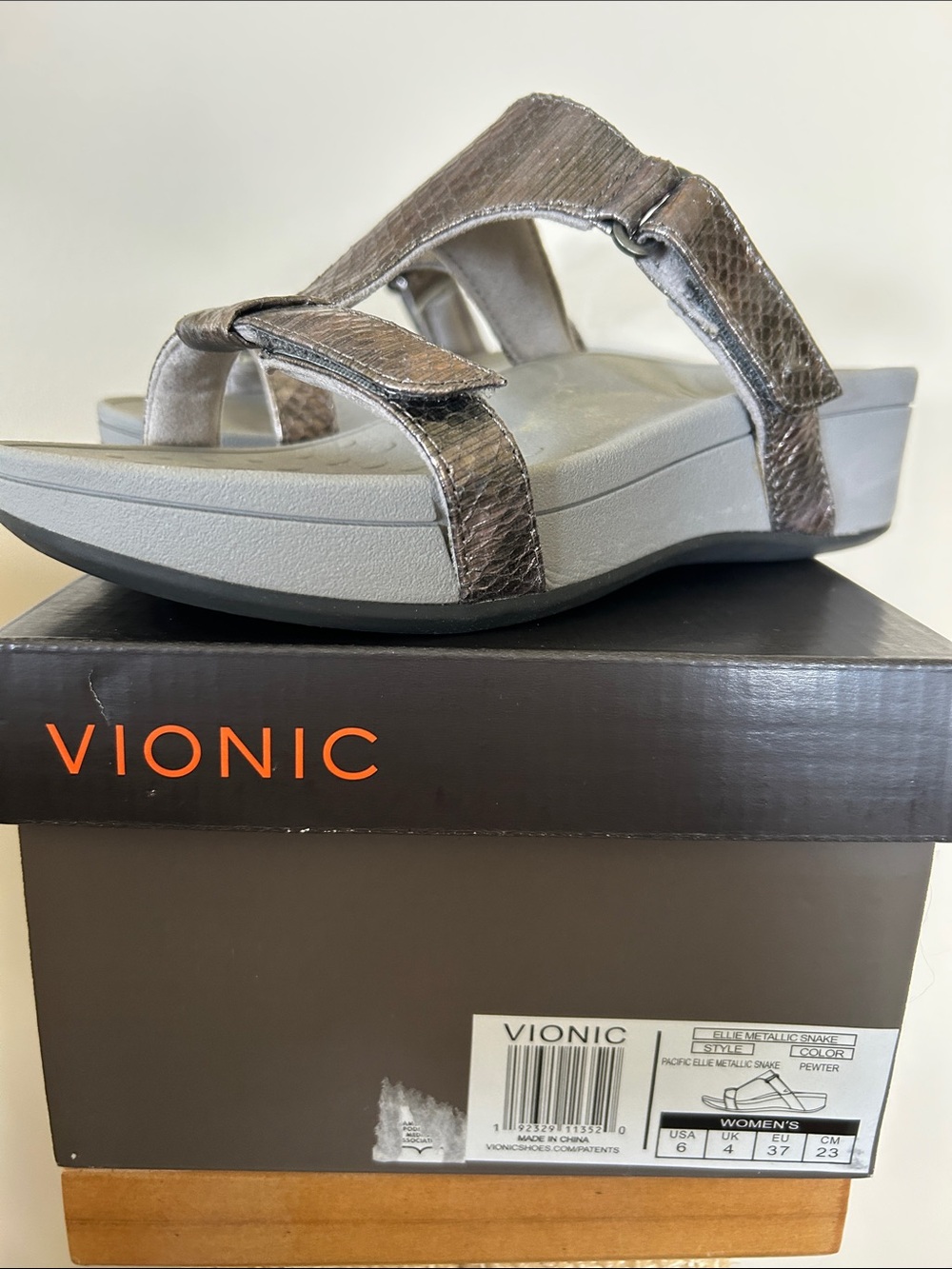 Vionic Women's Ellie Metallic Snake Textured Slide Sandals Pewter